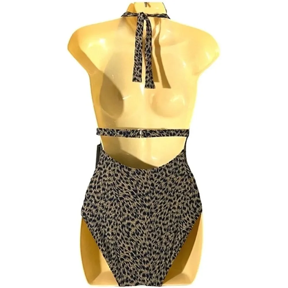 Michael Kors Leopard Print One Piece Swimsuit, Size 4, Black/Tan/Gold NWT
